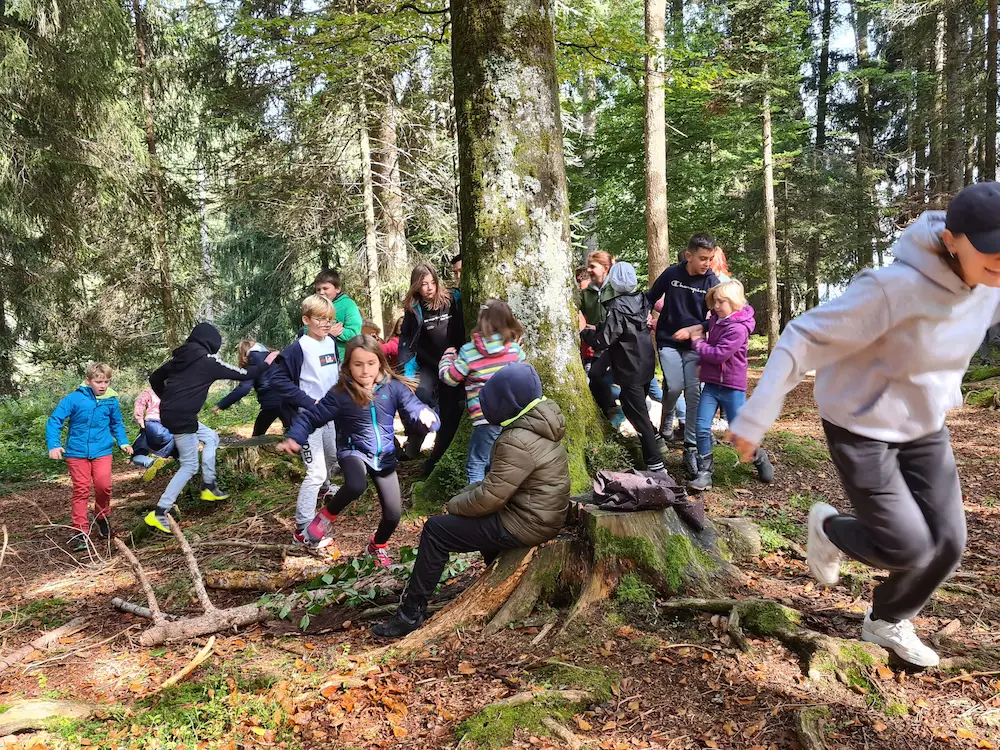 Kinder bei einem Waldspiel im Herbstlager von kinderlager.ch